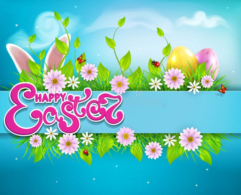 Vector Easter background with colored eggs, bunny ears, flowers, ladybug, and butterfly and text. Template for a holiday