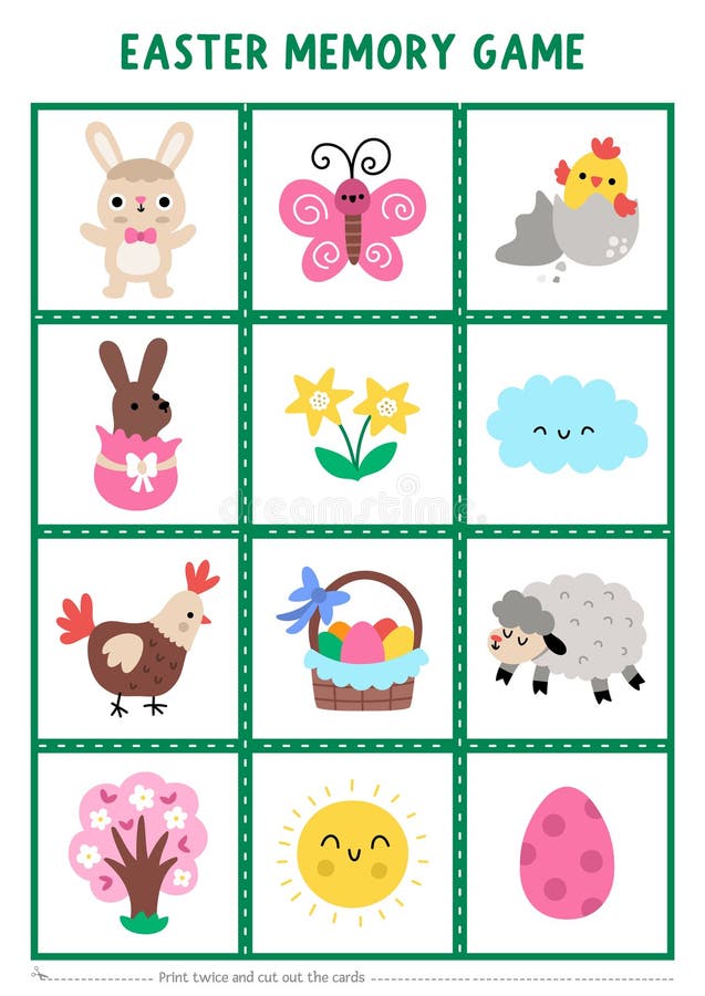 Vector Easter memory game cards with cute holiday symbols. Spring matching activity. Remember and find correct card. Simple stock illustration
