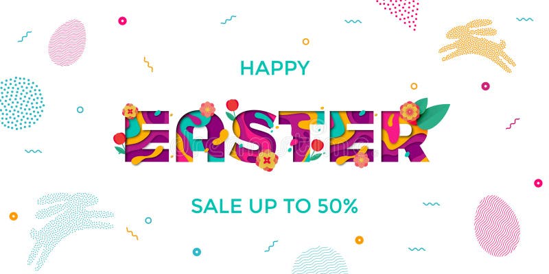 Vector Easter sale banner of paper cut text lettering with spring cherry and tulip flowers. Papercut Easter poster with modern col vector illustration Vector Easter sale banner of paper cut text lettering with spring cherry and tulip flowers. Papercut Easter poster with modern col vector illustration
