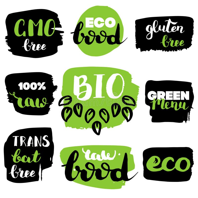 Vector eco, organic, bio logos or signs. Vegan, raw, healthy food badges, tags set for cafe, restaurants, products packaging vector illustration Vector eco, organic, bio logos or signs. Vegan, raw, healthy food badges, tags set for cafe, restaurants, products packaging vector illustration