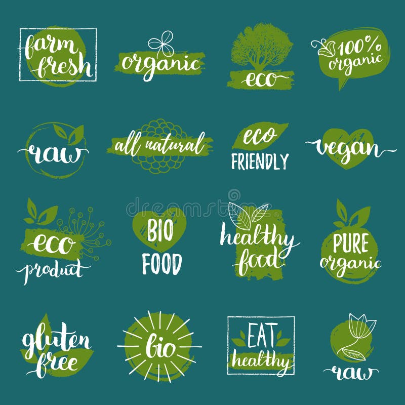 Vector eco, органические, био логотипы или знаки Vegan, здоровые значки еды, бирки установил для кафа, ресторанов, продуктов упак бесплатная иллюстрация Vector eco, органические, био логотипы или знаки Vegan, здоровые значки еды, бирки установил для кафа, ресторанов, продуктов упак бесплатная иллюстрация