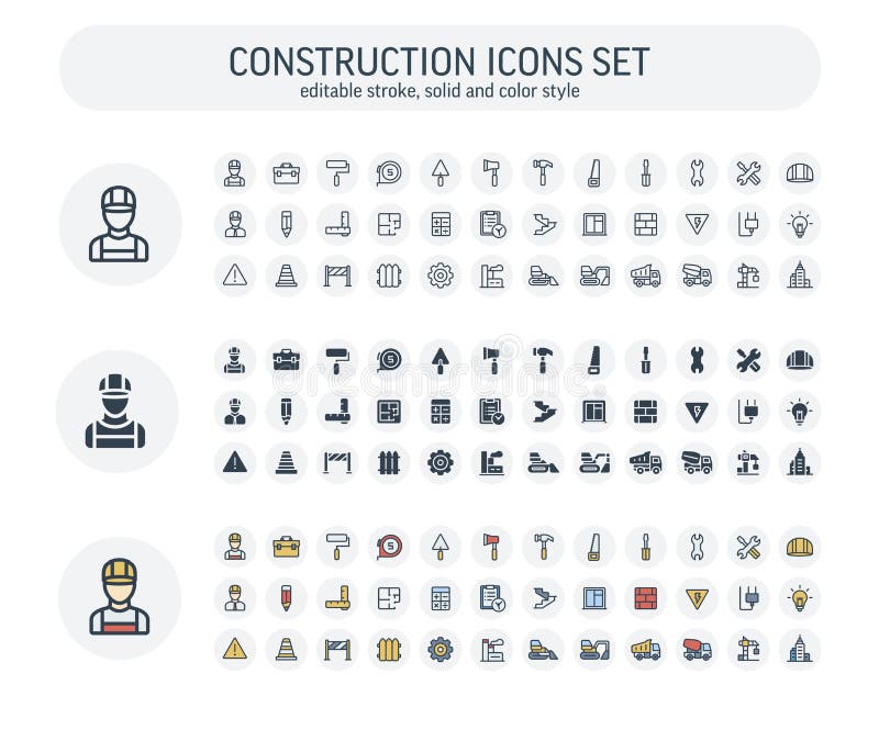 Vector Editable stroke, solid, color style icons set with construction, industrial, architectural, engineering outline vector illustration