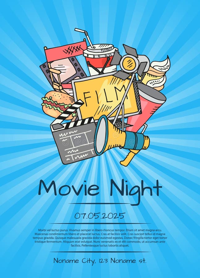 Vector el cartel de los iconos del cine para la noche o el festival de película ilustración del vector Vector el cartel de los iconos del cine para la noche o el festival de película ilustración del vector