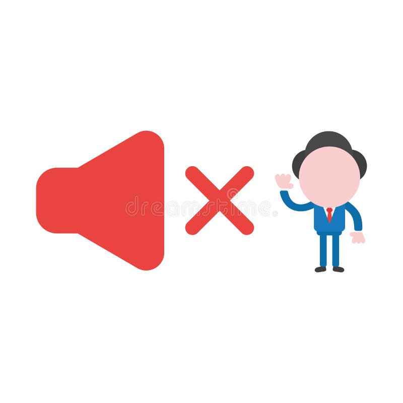 Vector cartoon illustration concept of faceless businessman mascot character with red speaker sound symbol icon off and can not hear. Vector cartoon illustration concept of faceless businessman mascot character with red speaker sound symbol icon off and can not hear.