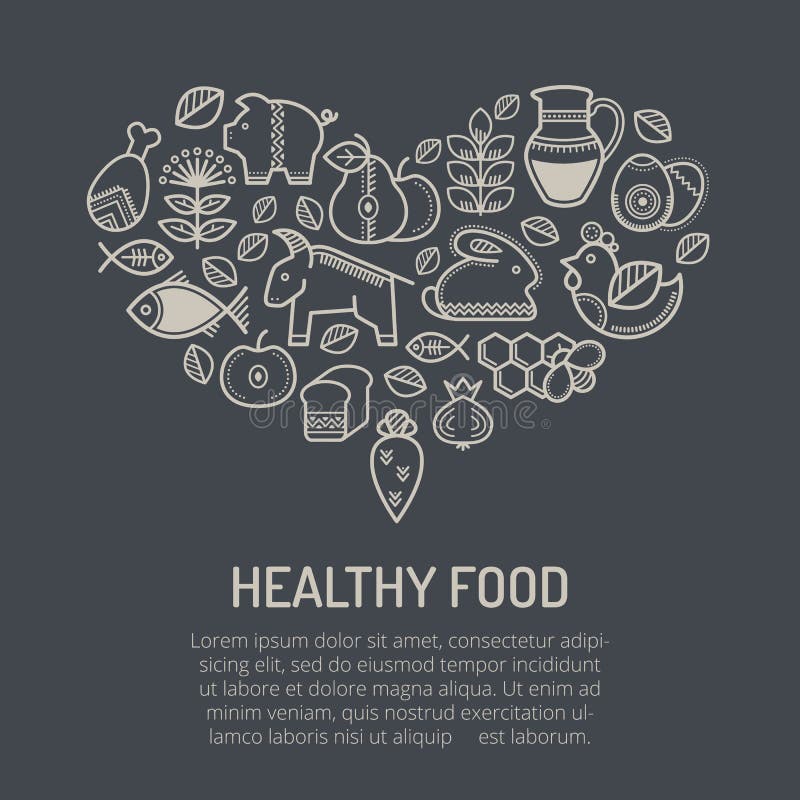 Vector el ejemplo con los iconos resumidos de la comida que forman una forma del corazón ilustración del vector Vector el ejemplo con los iconos resumidos de la comida que forman una forma del corazón ilustración del vector
