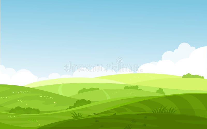 Vector el ejemplo de campos hermosos ajardinan con un amanecer, colinas verdes, cielo azul del color brillante, fondo en plano