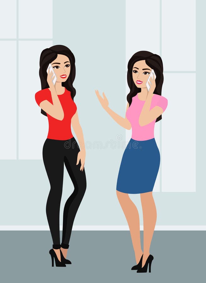 Vector el ejemplo de dos muchachas lindas de la historieta que usan un teléfono celular Las mujeres están hablando por el teléfon stock de ilustración Vector el ejemplo de dos muchachas lindas de la historieta que usan un teléfono celular Las mujeres están hablando por el teléfon stock de ilustración