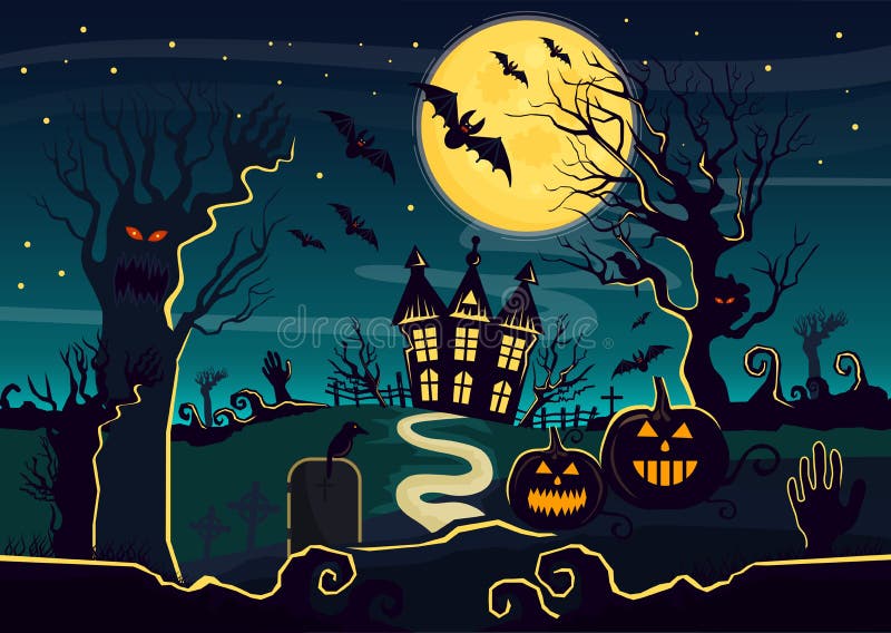 Vector el ejemplo de la casa del misterio con las linternas y las criaturas de la calabaza adornadas para Halloween Tarjeta de Ha stock de ilustración Vector el ejemplo de la casa del misterio con las linternas y las criaturas de la calabaza adornadas para Halloween Tarjeta de Ha stock de ilustración