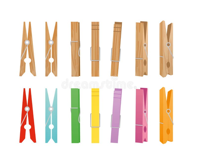 Vector el ejemplo de la colección de madera y de la pinza en el fondo blanco Pinzas en diversos colores brillantes y libre illustration