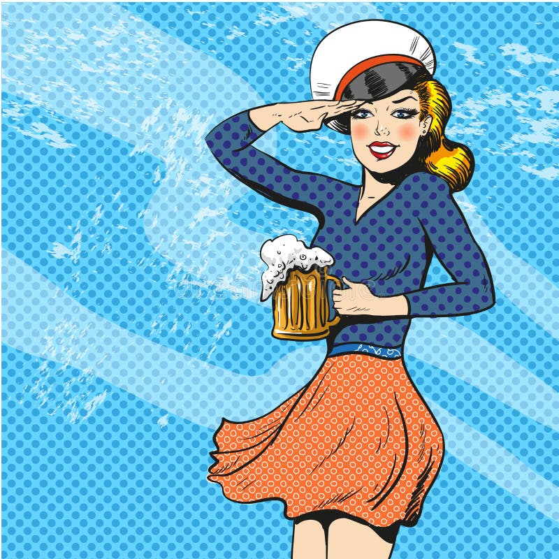 Vector illustration of pretty blonde girl with beer in sailor captain hat. Mariner woman saluting in retro pop art comic style. Vector illustration of pretty blonde girl with beer in sailor captain hat. Mariner woman saluting in retro pop art comic style.