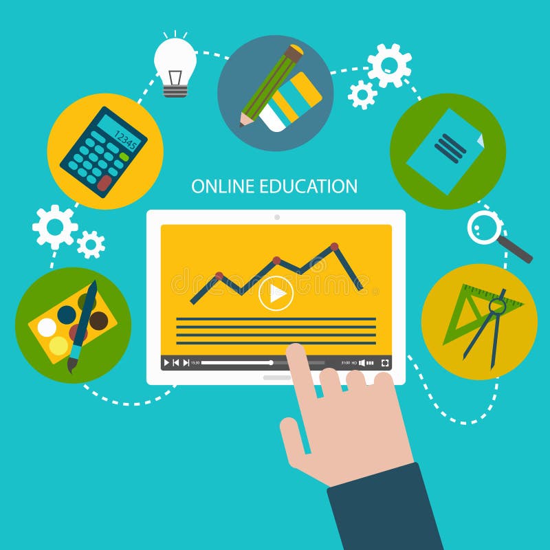 Vector el ejemplo de los iconos planos del diseño para la educación y el aprendizaje en línea stock de ilustración Vector el ejemplo de los iconos planos del diseño para la educación y el aprendizaje en línea stock de ilustración