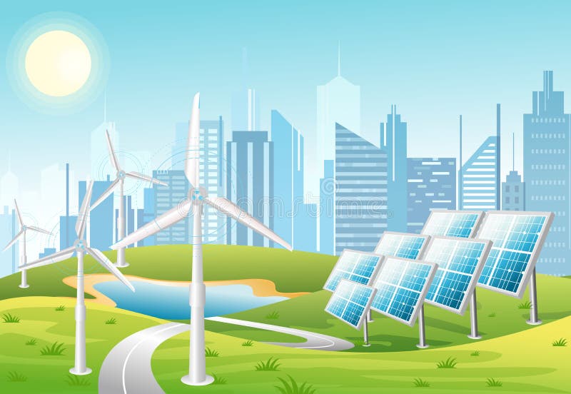 Vector el ejemplo de los paneles solares y de las turbinas de viento delante del fondo de la ciudad con las colinas verdes Ciudad stock de ilustración Vector el ejemplo de los paneles solares y de las turbinas de viento delante del fondo de la ciudad con las colinas verdes Ciudad stock de ilustración