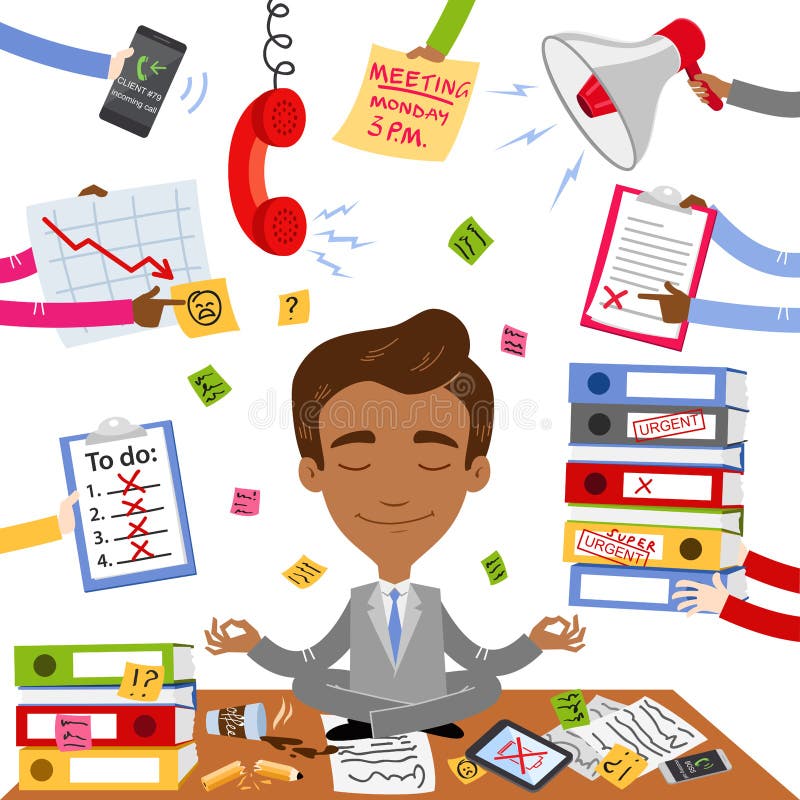 Vector el ejemplo de un hombre de negocios asiático tranquilo que se sienta en su escritorio que hace yoga con el papeleo, la ten ilustración del vector Vector el ejemplo de un hombre de negocios asiático tranquilo que se sienta en su escritorio que hace yoga con el papeleo, la ten ilustración del vector