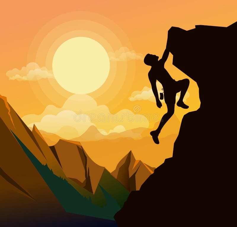 Vector el ejemplo del hombre de la escalada en las montañas oscilan en fondo de la puesta del sol en estilo plano Motivación libre illustration Vector el ejemplo del hombre de la escalada en las montañas oscilan en fondo de la puesta del sol en estilo plano Motivación libre illustration