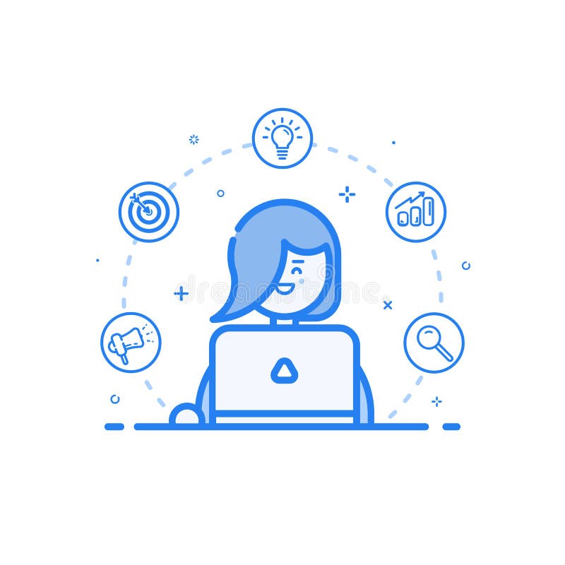 Vector el ejemplo del icono azul en la línea estilo plana Mujer linda y feliz linear con el ordenador portátil stock de ilustración Vector el ejemplo del icono azul en la línea estilo plana Mujer linda y feliz linear con el ordenador portátil stock de ilustración