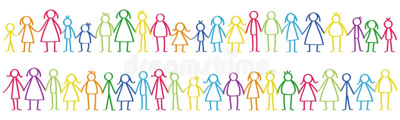 Vector el ejemplo del varón colorido y de las figuras femeninas del palillo que se colocan en las filas que llevan a cabo las man ilustración del vector Vector el ejemplo del varón colorido y de las figuras femeninas del palillo que se colocan en las filas que llevan a cabo las man ilustración del vector