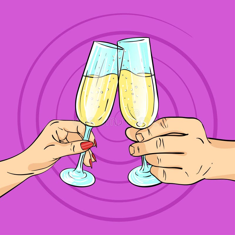 Vector el ejemplo dibujado mano del arte pop del hombre y de la mujer Vidrios de Shampagne ilustración del vector Vector el ejemplo dibujado mano del arte pop del hombre y de la mujer Vidrios de Shampagne ilustración del vector