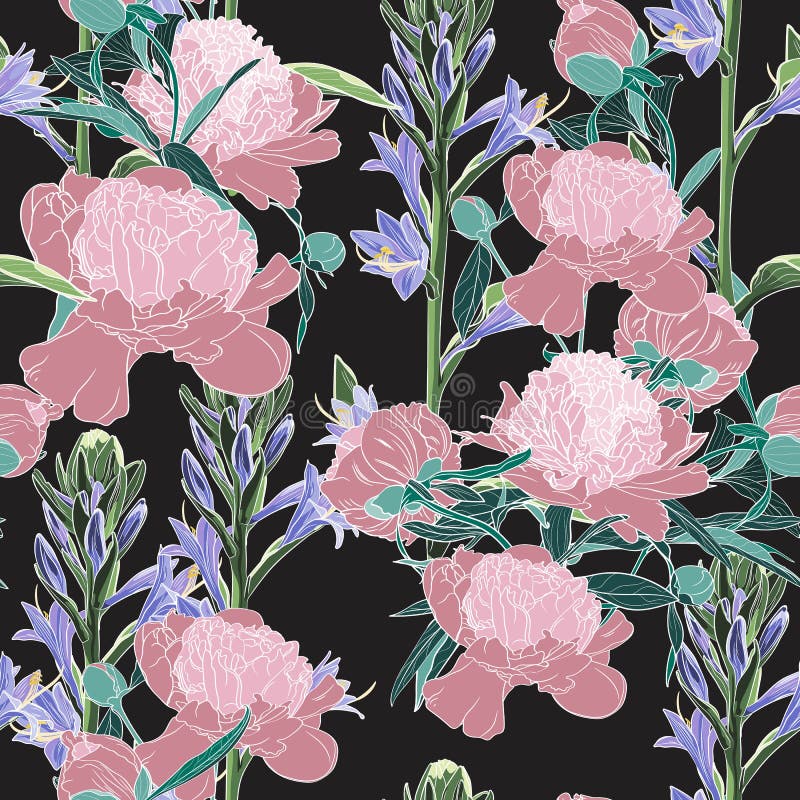 Vector el ejemplo dibujado mano del bosquejo del modelo inconsútil rosado de las flores de la peonía y de la violeta libre illustration Vector el ejemplo dibujado mano del bosquejo del modelo inconsútil rosado de las flores de la peonía y de la violeta libre illustration