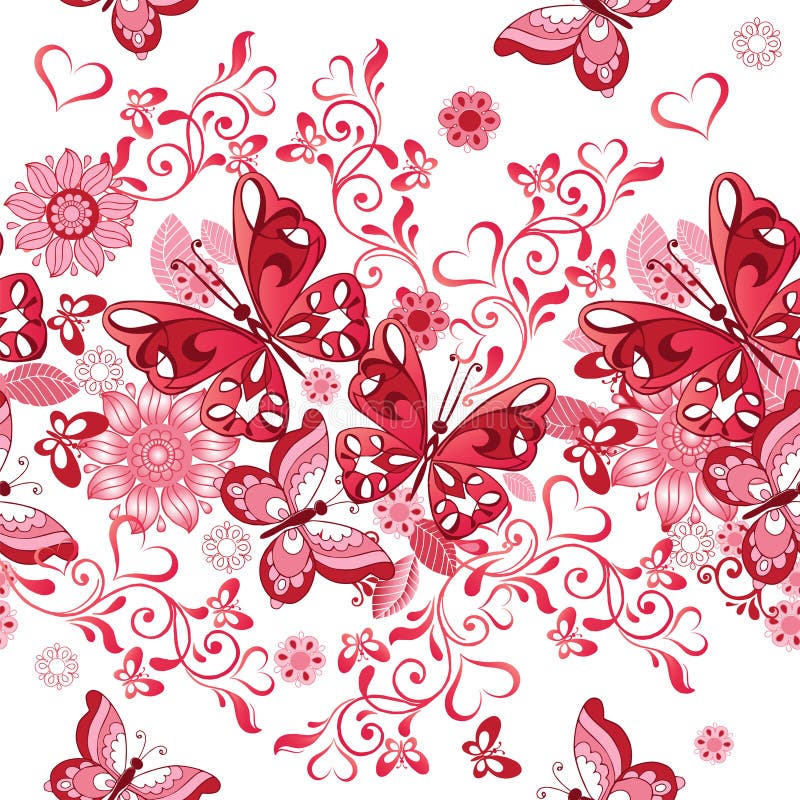 Vector el estampado de flores inconsútil de corazones y de mariposas rosados d stock de ilustración Vector el estampado de flores inconsútil de corazones y de mariposas rosados d stock de ilustración