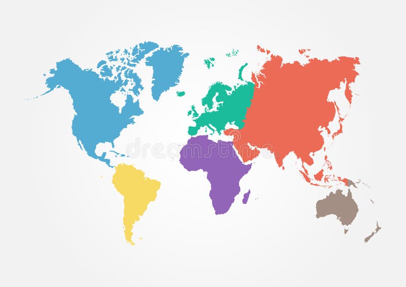 Vector el mapa del mundo con el continente en diverso color (el diseño plano)