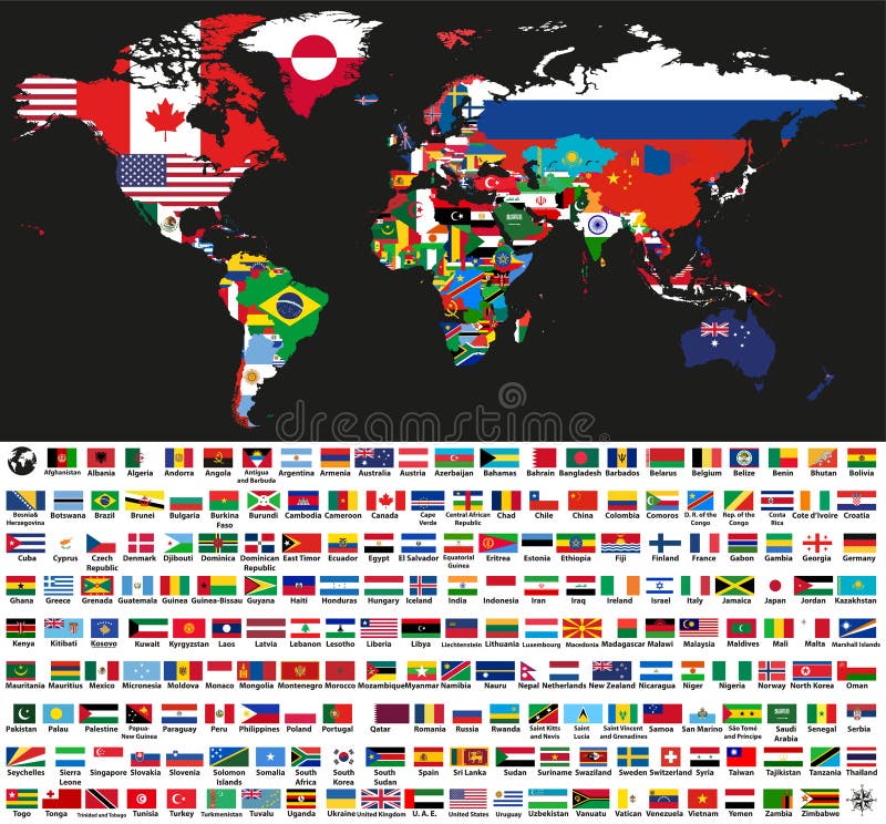Vector el mapa político del mundo abstracto mezclado con las banderas nacionales en fondo negro Colección de todas las banderas d