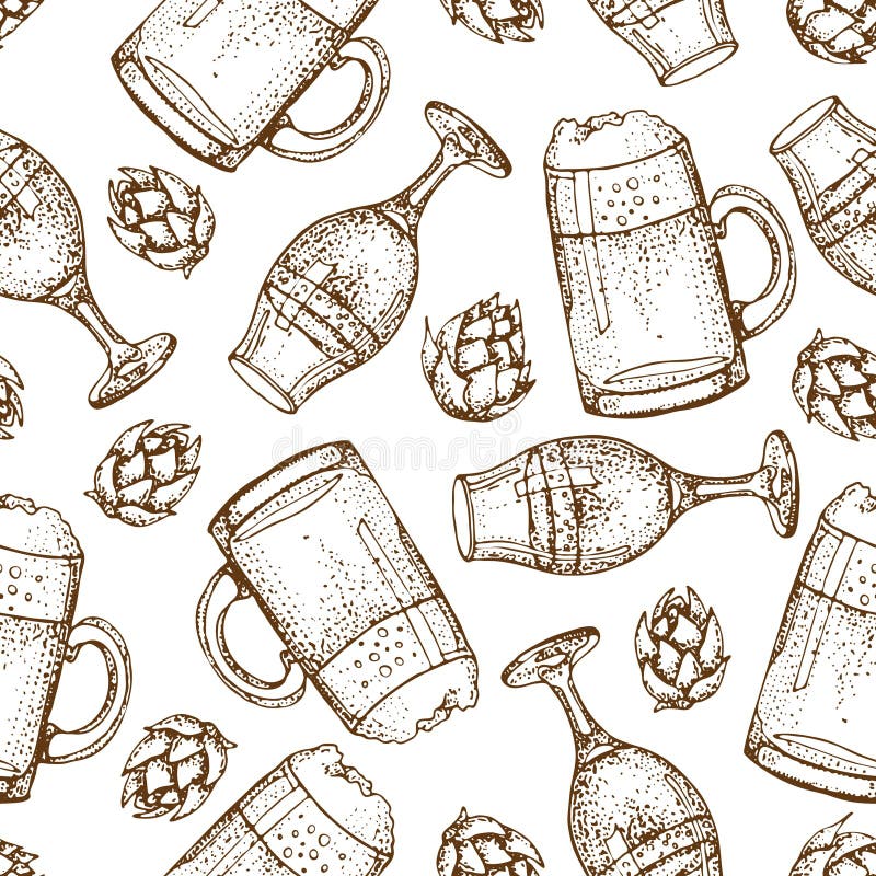 Vector el modelo inconsútil dibujado mano de la taza del vidrio de cerveza Saltos y trigo Aislado en el fondo blanco Textura gráf ilustración del vector