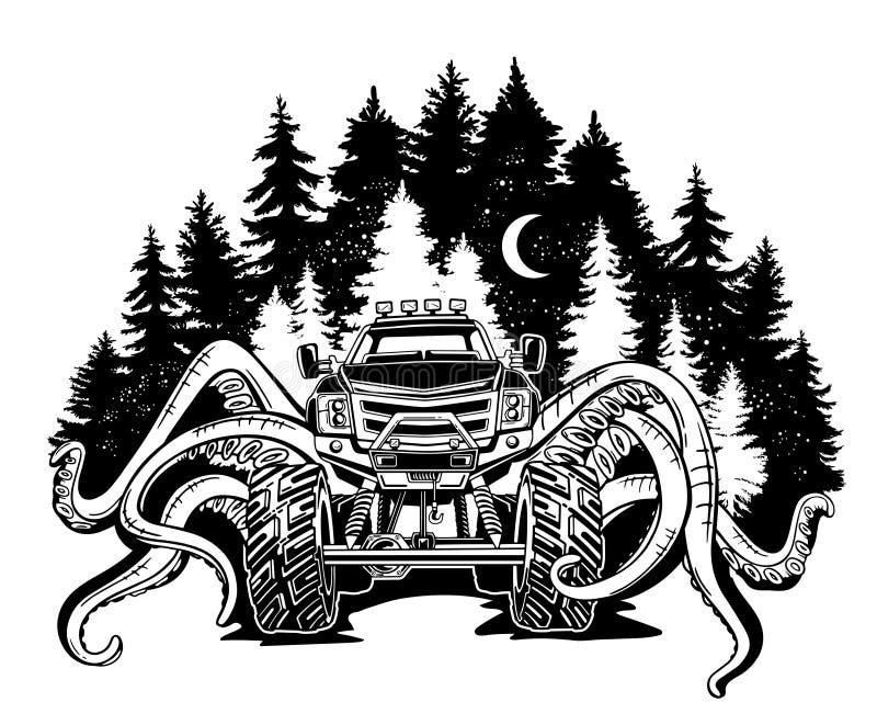 Vector el monster truck con los tentáculos del molusco y del paisaje del bosque Tatuaje animal místico del coche Aventura, viaje ilustración del vector Vector el monster truck con los tentáculos del molusco y del paisaje del bosque Tatuaje animal místico del coche Aventura, viaje ilustración del vector