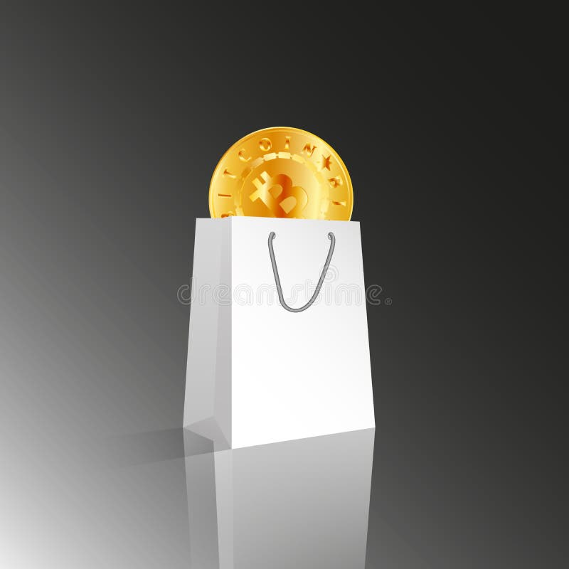 Vector el paquete realista o el bolso para hacer compras o los regalos del Libro Blanco 3D con el bitcoin de oro en fondo gris cl stock de ilustración Vector el paquete realista o el bolso para hacer compras o los regalos del Libro Blanco 3D con el bitcoin de oro en fondo gris cl stock de ilustración