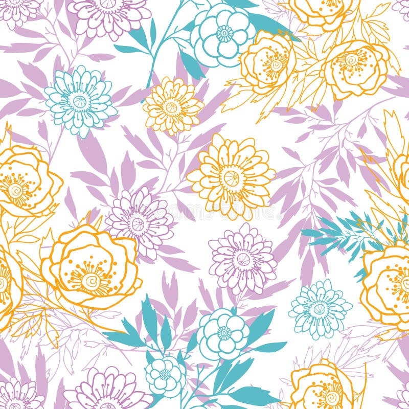 Vector el rosa, amarillo, hojas del azul y florece el modelo inconsútil del verano con las plantas y las hojas en colores pastel stock de ilustración Vector el rosa, amarillo, hojas del azul y florece el modelo inconsútil del verano con las plantas y las hojas en colores pastel stock de ilustración