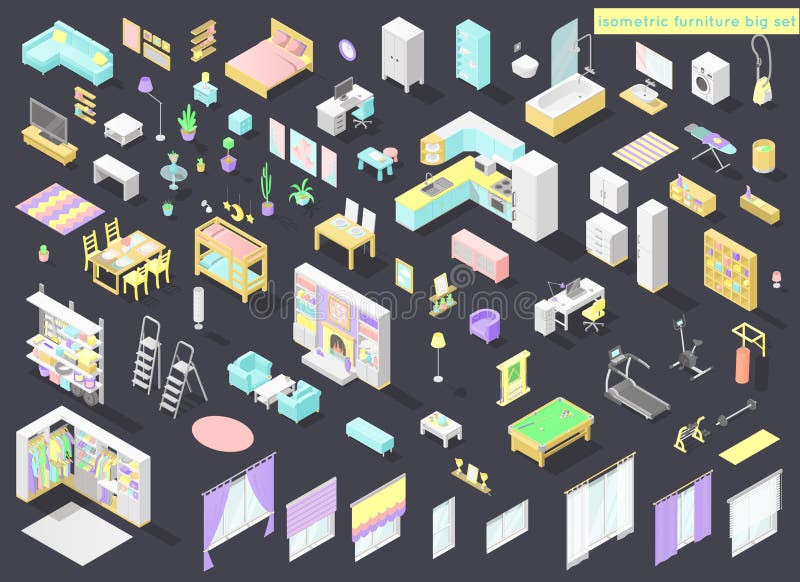 Vector el sistema grande de los muebles y de la decoración isométricos polivinílicos bajos para los interiores caseros ilustración del vector Vector el sistema grande de los muebles y de la decoración isométricos polivinílicos bajos para los interiores caseros ilustración del vector