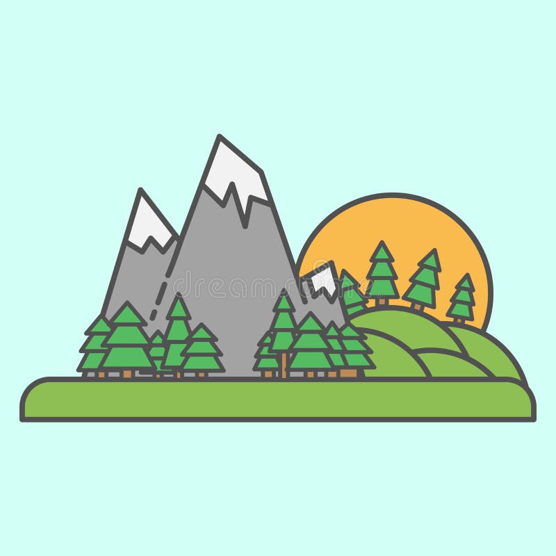 Vector el sol y la montaña al aire libre del valle del icono en la línea plana ejemplo del estilo libre illustration Vector el sol y la montaña al aire libre del valle del icono en la línea plana ejemplo del estilo libre illustration