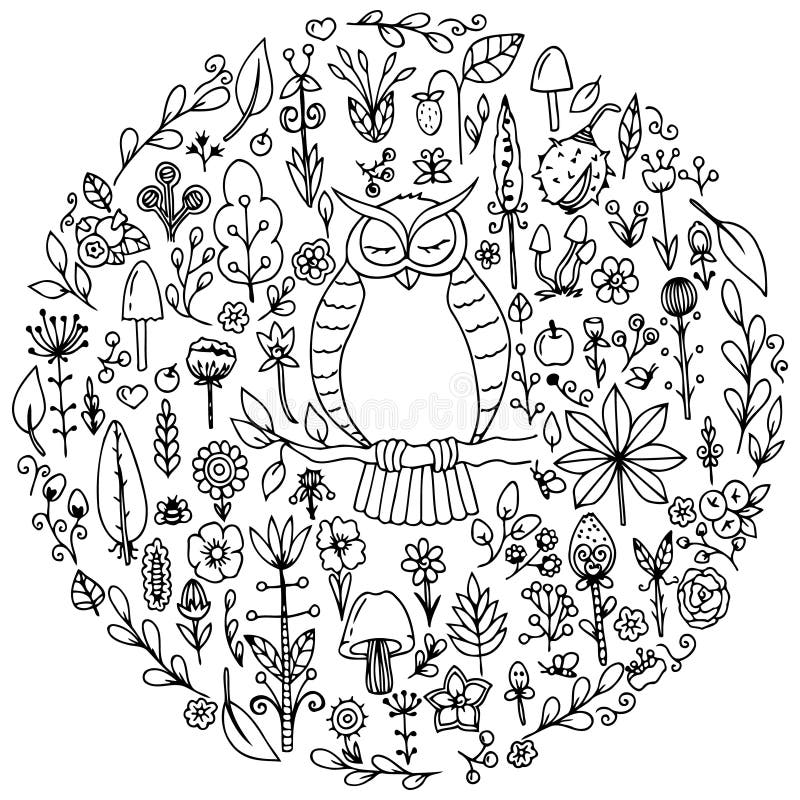 Vector el zentangl del ejemplo, el sistema redondo con un búho y las flores Dibujo del garabato Ejercicios meditativos Libro de c stock de ilustración Vector el zentangl del ejemplo, el sistema redondo con un búho y las flores Dibujo del garabato Ejercicios meditativos Libro de c stock de ilustración