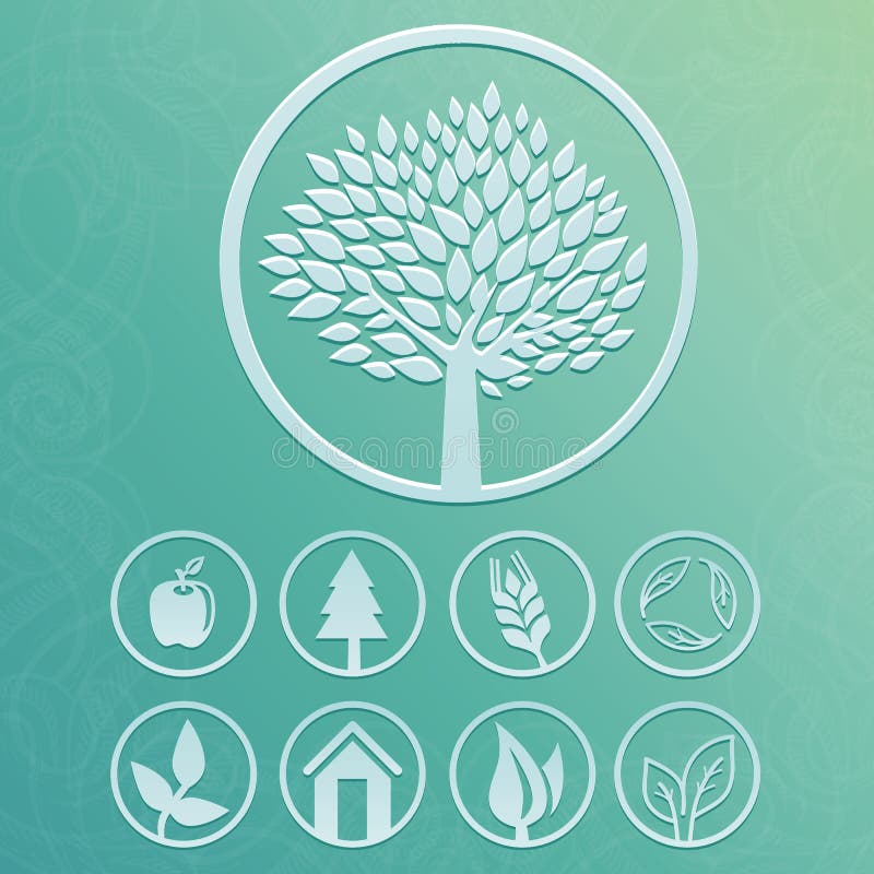 Vector em volta das etiquetas com ícones da árvore e da natureza ilustração royalty free Vector em volta das etiquetas com ícones da árvore e da natureza ilustração royalty free