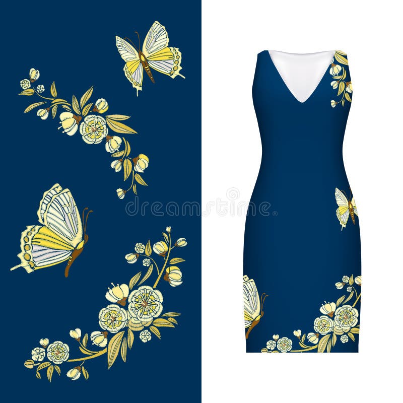 Download Vector Embroidery, Floral Pattern Of Butterfly, Leaves And ...