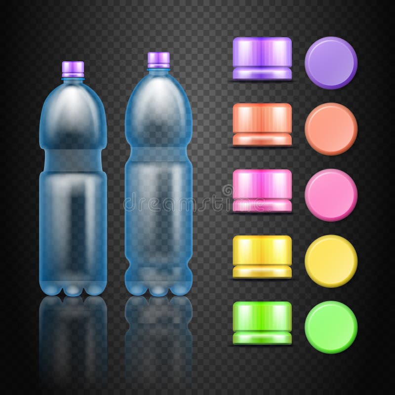 Vector empty plastic water drink bottles with set of multicolored caps stock illustration