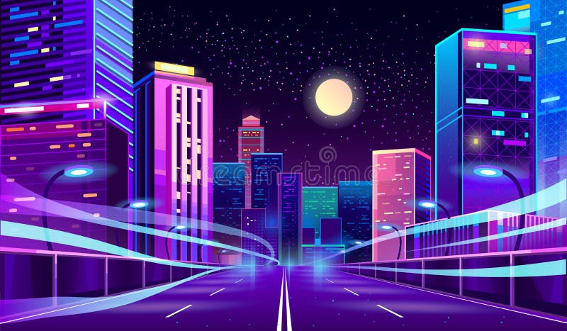 Vector empty road in megapolis at night