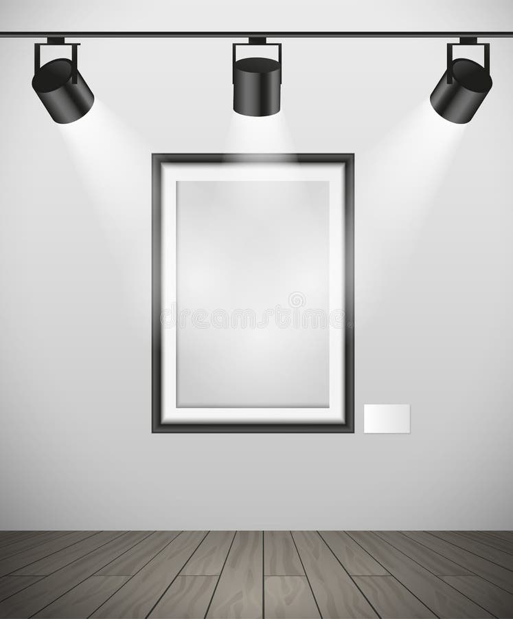 Vector empty vertical frame hanging in gallery with spotlights vector illustration