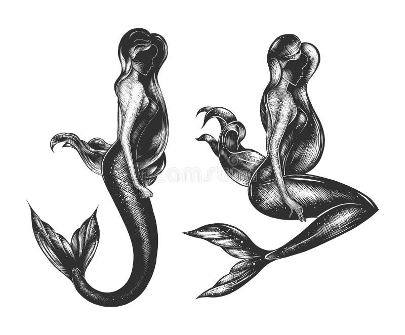 Vector engraved style illustration for posters, decoration, book, logo and print. Hand drawn sketches of 2 mermaids in monochrome