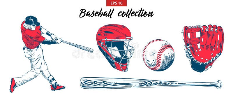 Hand drawn sketch set of baseball player, helmet, glove, ball and bat isolated on white background.