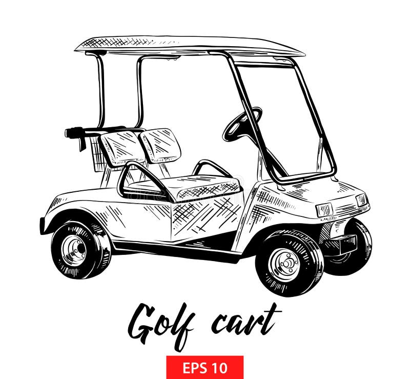 Hand drawn sketch of golf cart in black isolated on white background. Detailed vintage etching style drawing.