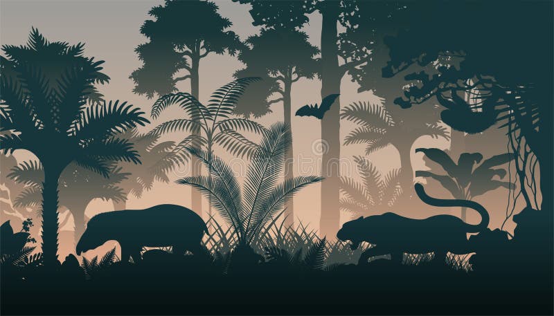 Vector evening in jungle with different animals. Grass night sky background vectors