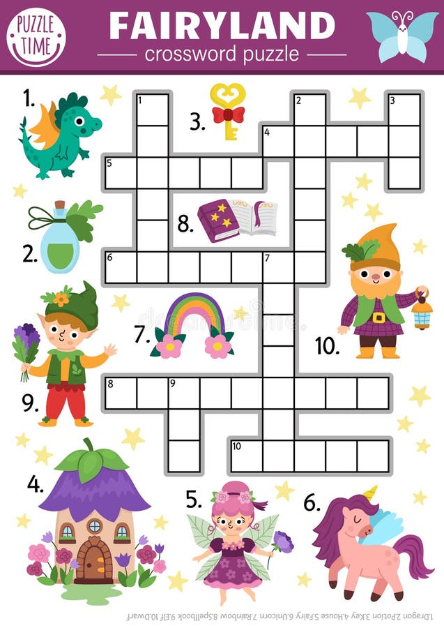 Vector fairyland krzyżówka puzzle dla dzieci. Prosty quiz z bajkowym elf smoon unicorn dcarf house tęcza dla dzieci. Ładny ilustracji