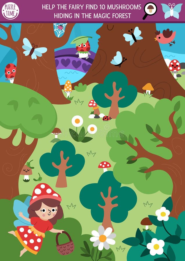 Vector fairyland searching game with enchanted forest landscape, fairy, basket. Spot hidden mushrooms in picture. Simple magic vector illustration