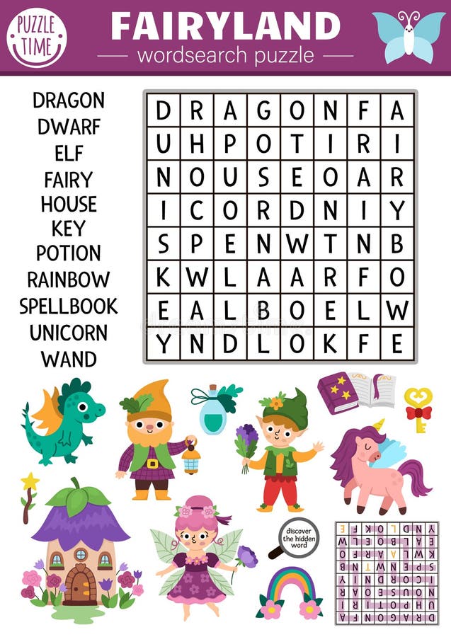 Vector fairyland wordsearch puzzle dla dzieci. Prosty quiz szukający słów z domu karłowatym dla dzieci elf dragon unicorn. royalty ilustracja