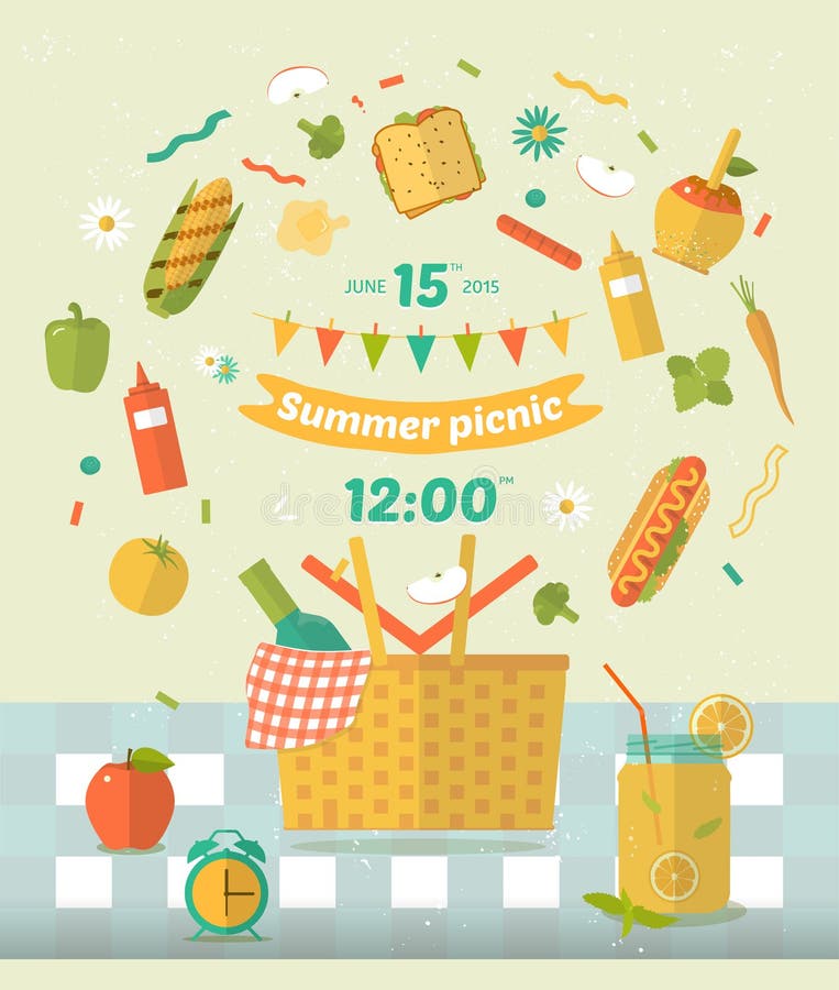 Family picnic glade illustration for nvitation card. Food and pastime icons. Flat. Barbecue items. vector illustration Family picnic glade illustration for nvitation card. Food and pastime icons. Flat. Barbecue items. vector illustration