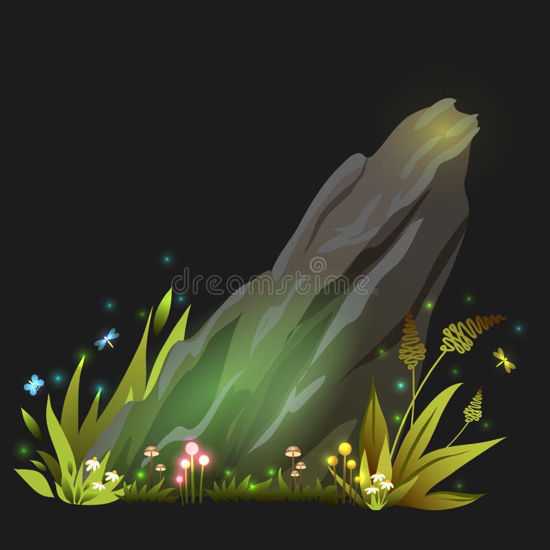 Vector fantasy rock, stone with grass, mushroom and incects vector illustration Vector fantasy rock, stone with grass, mushroom and incects vector illustration