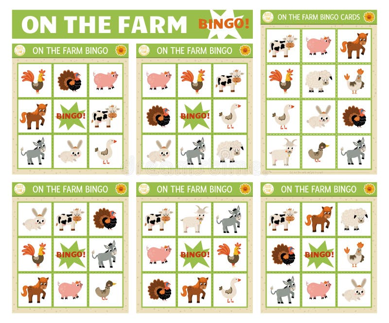 Vector farm animals bingo cards set. Fun family lotto board game with cute goat, pig, horse, cow for kids. Rural countryside