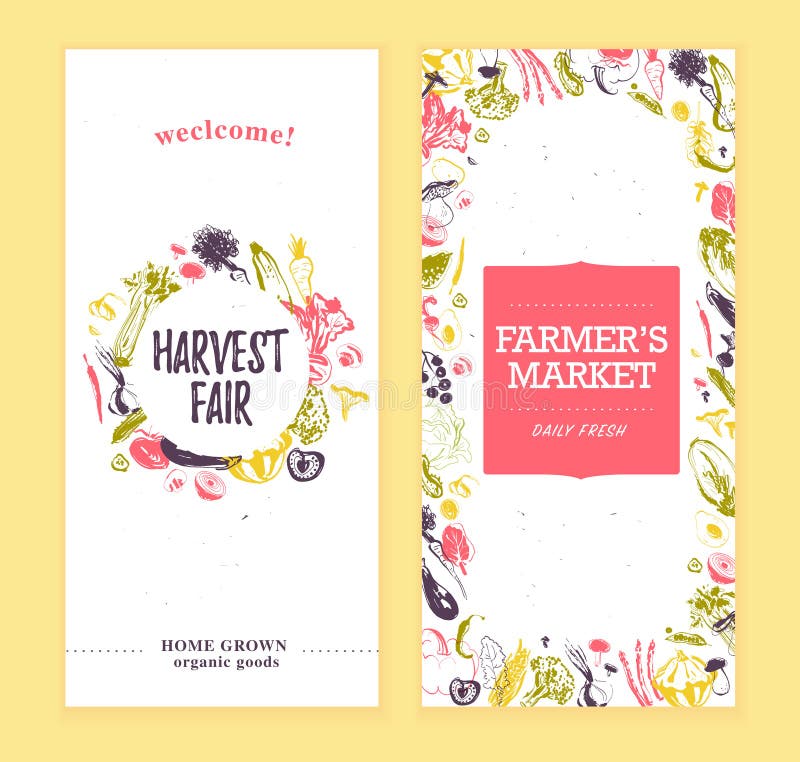Vector farmers market banners template with frame & round label. Hand drawn sketch raw vegetables. royalty free illustration Vector farmers market banners template with frame & round label. Hand drawn sketch raw vegetables. royalty free illustration