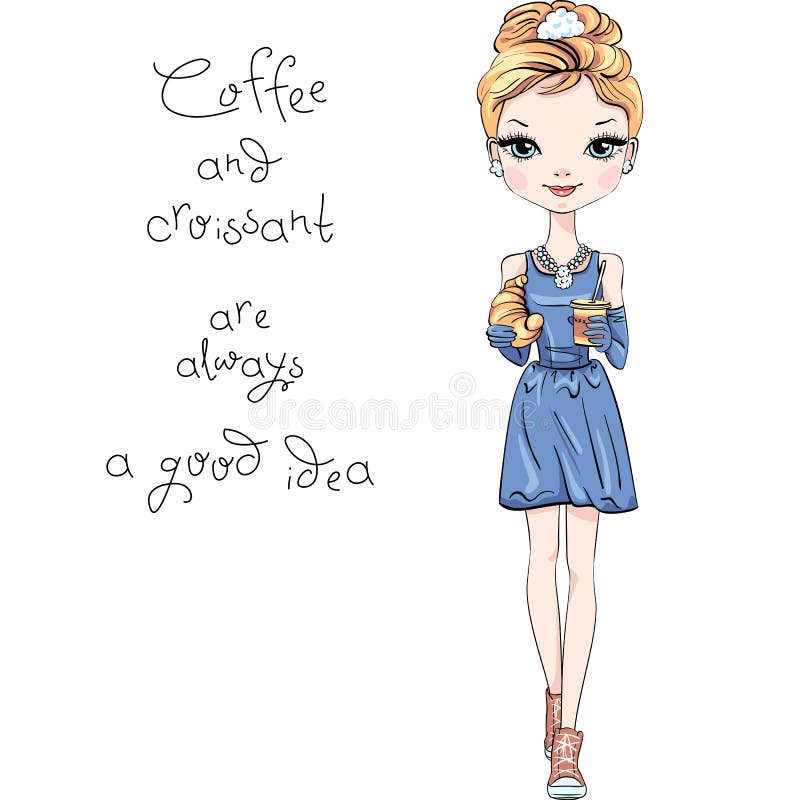 Vector fashion girl with coffee and croissant royalty free illustration Vector fashion girl with coffee and croissant royalty free illustration