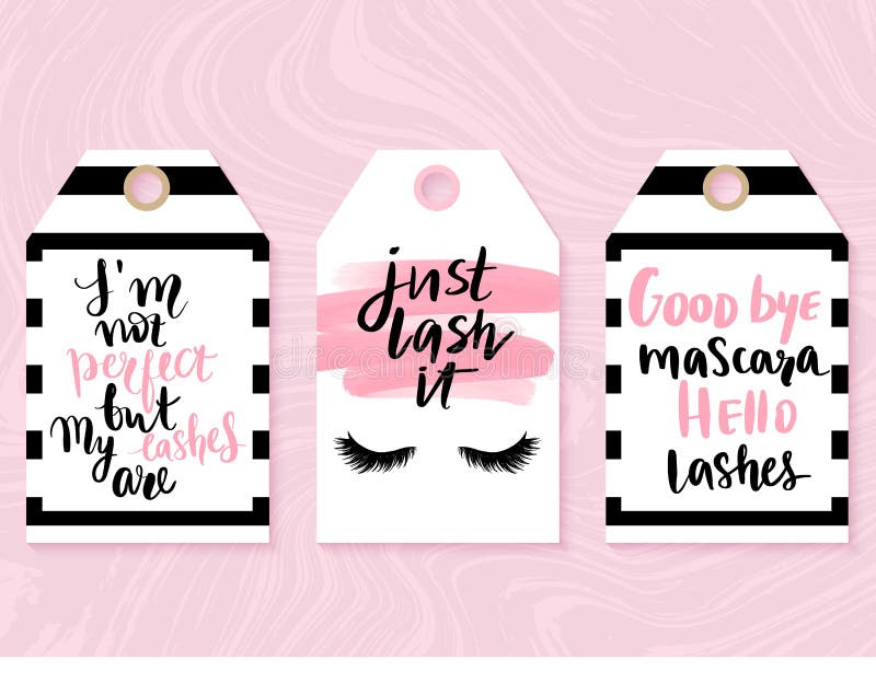 Vector fashion tags with Lashes quotes. Calligraphy phrase for lash makers, gift cards, sale cards, beauty blogs. Beautiful label. Perfect lashes. Closed eyes.